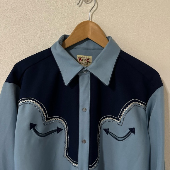 Vintage H Bar C Ranchwear Western Rodeo Embellished Pearl Snap Shirt Blue 17-1/2 - Picture 3 of 9